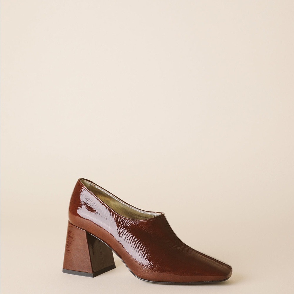 Patent Leather Brown Block Heel Pumps